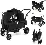 COSTWAY Stroller Wagon for 2 Kids, Push Pull Double Stroller with Adjustable Handle, Removable Canopy, Cup Holder, Food Tray, 3-Point Harness, Folding Camping Cart Trolley (Black)