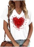 Valentine's Day V Neck T Shirts Womens Funny Double Heart Graphic Shirts Valentines Gift Tshirt Short Sleeve Couple Tops, White, Medium