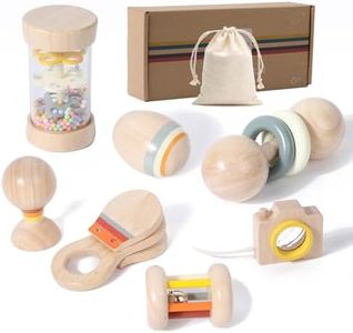 Wooden Baby Rattle Musical Set Montessori Toys for Infants 0+ Months - Rainmaker, Egg Shaker, Maracas, Ring Rattle, Bell Roller Rattle, Castanets, Kaleidoscope, Newborn Sensory Play Gift