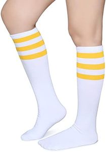 Pareberry Triple Stripes Soft Cotton Knee High Tube Socks for Men and Women, Yellow/White, One Size