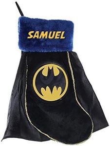 Personalized Planet Batmen Embroidered Christmas Stocking with Custom Name in Gold Thread on Blue Cuff with Black Superhero Cape, 9.5" x 17"