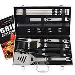 ROMANTICIST 21pc BBQ Grill Accessories Set with Thermometer - Heavy Duty Stainless Steel Barbecue Grilling Utensils with Non-Slip Handle in Aluminum Storage Case for Men Women