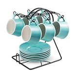 Prevve Espresso Cups with Saucers with Metal Stand, Ceramic Coffee Cups Gifts Set 4 oz (120ml) Set of 6, Porcelain Cappuccino Cups for Coffee Drinks, Turquoise Blue