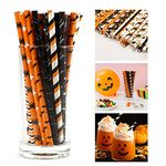 50pcs Halloween Decorations Paper Straws, Black Orange Drinking Straws in Stripes/Ghost/Pumpkins/Bats/Skulls/Spider Web Pattern for Halloween Party Home Bar Table Decor Crafts DIY, Biodegradable