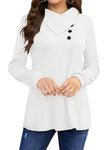 Bluetime Women's Fall Long Sleeve Cowl Neck Button Tunic Tops Lightweight Sweatshirts, White, XL