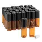 Amber Glass Roller Bottles,5ml(1/6oz) Pack of 35 Roll on Bottles with Stainless Steel Roller Ball&Black Lids Perfect for Essential Oil Aromatherapy Blends/Perfumes/Lip Balms-Free Dropper Included