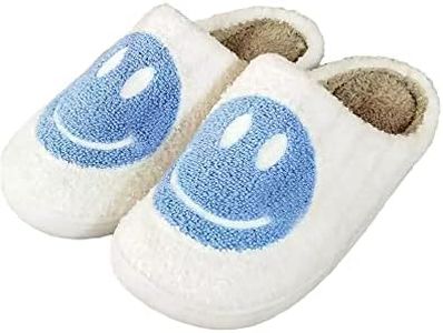 Qubuwalk Retro Smile Face Slippers Soft Plush Comfy Warm Fuzzy Slippers Women's Cozy House Slippers, Blue-white, 7.5