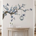 Runtoo Cherry Blossom Flower Wall Decals Tree Branch Blue Floral Wall Art Stickers Birds Wall Decor for Living Room Bedroom Office