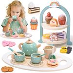 Atoylink Wooden Tea Set for Toddlers Girls, Pretend Play Tea Party Set with Dessert Play Food Toys Wooden Kitchen Accessories Princess Tea Time Gift for Kids Girls 3 4 5 6 7 Years (Green)