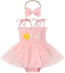 Baby Girls 1st Birthday Outfit Spaghetti Straps Romper Tutu Dress Headband One Year Old Party Cake Smash Photoshoot Outfits, Pink Sun, 12 Months