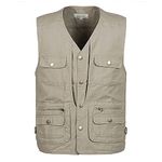 PEHMEA Men's Cotton Outdoor Work Safari Fishing Vest Travel Photo Cargo Jacket with Pockets, Khaki, Medium