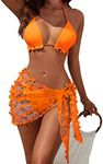 Blooming Jelly Womens 3 Piece Swimsuits Triangle Halter Thong Bikini Set Butterfly Bathing Suits Sarongs（S, Brignt Orange）