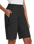 BALEAF Women's Long Hiking Shorts Quick Dry Bermuda Summer Capris Golf Shorts Lightweight with Pockets UPF 50+ for Camping Black M