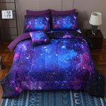 JQinHome Twin Galaxy Purple Comforter Sets Blanket,6 Piece Bed in A Bag 3D Outer Space Themed Bedding, All-Season Reversible Quilted Duvet, for Children Boy Girl Teen Kids(Blue Purple)