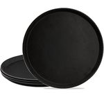 TOPZEA 4 Pack Plastic Server Tray, 14 Inch Round Serving Tray Restaurant Serving Tray Non-Slip Bar Tray Cafeteria Tray for Eating, Cafe Tray for Coffee Table, Black, with Non-Skid Rubber Lined