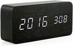 OCT17 Wooden Digital Alarm Clock, Multi-function Smart Alarm Clock, LED Light Alarm Clock with USB Power Supply, Voice Control, Thermometer - Black