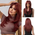 Esmee Long Straight Wine Red Wigs for Women Synthetic Layered Burgundy Synthetic Hair Wig with Fringe for Daily Party Cosplay Use-20 Inches