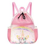 Unicorn Kids Drawstring Backpack - Mesh Drawstring Bag for Girls Swim Bag with Waterproof Zipper Pocket Kids Beach Backpack for Swimming Pool Sport Yoga Travel Mesh Gym Bag