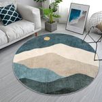 Sungea 4ft Abstract Round Area Rug,Chic Faux Wool Washable Non-Slip Sun and Mountain Circle Rug,Soft Ultra-Thin Throw Rugs for Living Room/Bedroom/Office/Entryway/Kitchen(Blue)