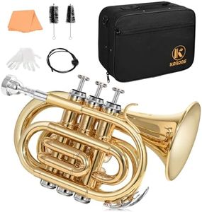 KORDOS Pocket Trumpet B Flat Quality Brass Bb Mini Trumpet with 7C Mouthpiece, Cleaning Kit, Gloves, Hard Case for Beginners, Students, Travelers and Professionals, Gold Lacquer