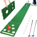 Chriiena Golf Putting Mat, Extendable Practice Golf Pong-Game Set with 4 connectable Putting Pads,Includes 8pcs Golf Balls and Portable Bag for Indoor Outdoor Party Game Use (Green with 2 Putters)