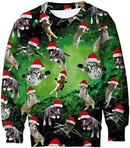 Enlifety Kids Christmas Sweater Boys Cat in Santa Hat Xmas Sweatshirt Long Sleeve Green Holiday Shirt Kitty Pullover Jumper for Son Daughter Size 8 9