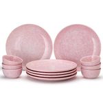 Bodhi House Reactive Hand Glazed Ceramic Stoneware Dinner Set of 12 Pieces - 6 Dinner Plates & 6 Bowls/Katoris - Microwave and Dishwasher Safe - Pastel Pink