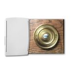 Byron Wireless Doorbell Kit with Period Style Brass Bell Push on a 110mm x 110mm Square Jacobean Dark Oak Plinth