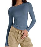 Abardsion Women's Casual Basic Going Out Crop Tops Slim Fit Short Sleeve Crew Neck Tight T Shirts, 2# Haze Blue, Small