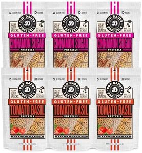 Pop Daddy Gluten Free Pretzels, Healthy Gourmet Flavored Pretzels, 7.5oz Individual Bags, 6 Pack, Cinnamon Sugar (3) and Tomato Basil (3)