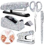 Demissle 6 Pcs Bling Office Desk Accessories Set Crystal School Stationery Kit Scissor Stapler with Staple, Tape Dispenser, Diamond Pen, Staple Remover, Binder Clip, Paper Clip, Push Pins (White)