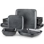 vancasso Dinner Sets, Square Reactive Glaze Crockery Set, 16-Piece Ceramic Plates and Bowls Set with Dinner Plate, Dessert Plate, Bowl and Soup Plate. Vintage Grey Look, Service for 4