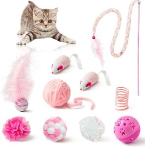 MALLMALL6 10Pcs Cat Toy Set Interactive Cat Toys Pack Including Feather Teaser Wand Cat Springs Mice Crinkle Balls and Pet Bell Balls, Puzzle Toys for Indoor Cats Gift (Pink)