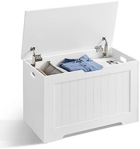 (White) - SONGMICS Lift Top Entryway Storage Chest/Bench with 2 Safety Hinge Wooden Toy Box for Living Room Playroom White ULHS11WT