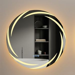 LUVODI Round LED Bathroom Mirror: 60CM Wall Circle Lighted Mirror Backlit Anti-Fog Mirrors with 3 Colors Light Wall Mounted Vanity Mirror Whirlwind Patterned 3 Touch Sensors