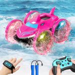 Amphibious RC Car with Lights for Kids Gesture Hand Controlled Remote Control Boat 4WD 2.4 GHz Waterproof RC Stunt Car 360° Rotating Water Beach Pool Toys Gifts for Boys Girls(Pink)