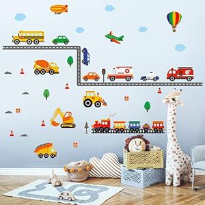 DECOWALL DS-8047 Transports Wall Decals Stickers Kids Peel and Stick Removable Nursery Bedroom Living Construction Boys Childrens Toddler car d?cor playroom playroom Vehicles Truck City Road Baby