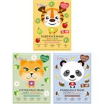 7th Heaven Party Animal Beauty Sheet Face Mask Skincare Set for Kids - Tiger, Kitten & Panda Printed Face Mask Sheet to Soothe, Hydrate & Revitalise Young Skin (Ages 8+)