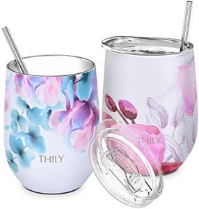 Vacuum Insulated Stemless Wine Tumbler - THILY 12 oz Stainless Steel Wine Glass with Lid and Straw, Keep Cold or Hot for Coffee, Cocktails, 2 Pack(Pink Lilies + Lotus Flower)