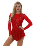 Jowowha Women's Girls' Long Sleeve Figure Ice Skating Dress Competition Rhythmic Gymnastics Leotard Dress Red F S