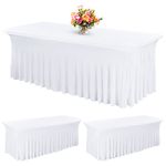 2 Pack 8Ft Spandex Table Skirt Fitted White Stretch Tablecloth,One-Piece Wrinkle-Resistant Ruffles Design Installs in Seconds,Perfect for Rectangle Tables Banquets Parties Wedding Thanksgiving