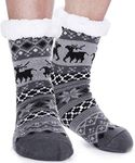 EBMORE Mens Slipper Fuzzy Socks Fluffy Winter Cabin Cozy Warm Soft Fleece Thick Comfy Christmas Gift Stocking Stuffers with Grips(Grey Deer)