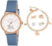 RADLEY Blue Leather Strap Watch with 18ct RGP Stud Earrings and Charm Bracelet RY21642A-SET