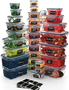 Chef's Path 72 Piece BPA-Free Plastic Food Storage Container Set with 32 Containers and 32 Lids with Reusable Labels & Spoon Set | Leakproof, Airtight, Stackable