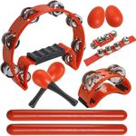 10 Pcs Red Tambourine Set for Adults - Half Moon Tambourine, Foot with Bells,Wrist Bells, Egg Shakers, Wooden Rhythm Sticks,Pair of Maracas, Musical Percussion Instrument Set for Church and Parties