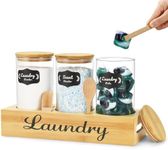 GADFISH Laundry Pods Container, Laundry Detergent Container for Laundry Detergent Pods, Powder, Scent Booster, Stain Remover, Laundry Room Organization - 3 Pack (with Wooden Tray & Spoon, Tong, Scoop)