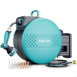 PAULINN Retractable Garden Hose Reel 1/2 Inch x 100 ft, Heavy Duty Wall Mounted Automatic Hose Reel with 10 Patterns Nozzle, Any Length Lock, Slow Return System, 180° Swivel Bracket & UV Resistant