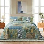 NEWLAKE Cotton Patchwork Bedspread, 3-Piece Bedding Quilt Set with Real Stitched Embroidery, Reversible Matelasse Bed Coverlet Set,Green Farmhouse Garden,Queen Size