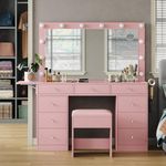 FUSOU Vanity Desk with Power Outlet, 9 Drawers Makeup Vanity with Mirror and 12 LED Lights, 3 Lighting Modes, Glass Top Vanity Set, Fold-up Panel, Dressing Table for Bedroom, Pink