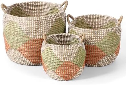 Laundry Baskets Hamper, 3 Pack Seagrass Baskets, Handwoven Woven Laundry Hamper with Handles, 56L, 28L, 15L for Decor Storage of Dirty Clothes,Toys and Blankets in Bathroom, Nursery, Living Room